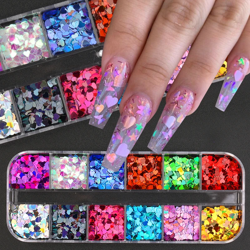 12 Grids/Set iridescent Nail Glitter Sequins 3D Love Decoration Design Sticker Art DIY Accessories | Красота и здоровье