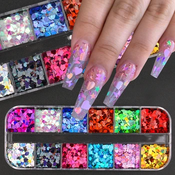 Najtaniej 12 Grids/box Nail Art Colorful Flakes Holographics Nail Glitter Sequins Decoration Star Heart Flower Paillette DIY Accessories