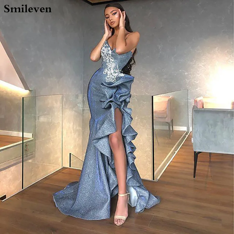 

Smileven Mermaid Prom Gowns Sequins Evening Dresses Lace Applique Trumpet Side Split Formal Party Dresses Mermaid robe de soiree