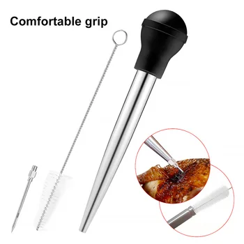 

Turkey Baster Set with Silicone Bulb Stainless Steel Syringe Needles Cleaning Brush BBQ Barbecue Seasoning Tool