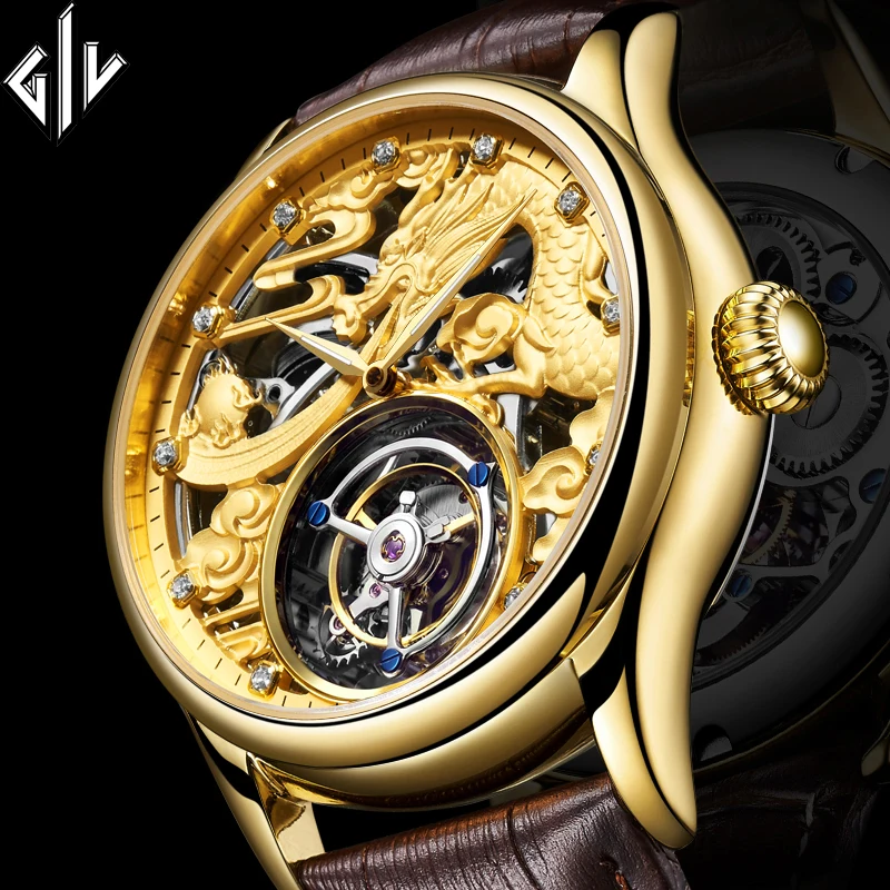 GIV НАСТОЯЩИЕ Оригинальные механические часы Tourbillon Dragon брендовые роскошные