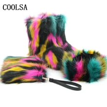 Coolsa/женские зимние ботинки на лисьем меху; комплект с сумкой и повязкой на голову; меховые ботильоны; пушистые плюшевые ботинки; зимняя теплая обувь; женские меховые ботинки на плоской подошве; Botas Mujer