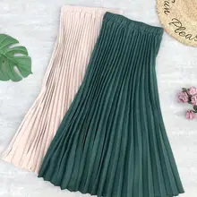 Весна Лето новая жемчужная шифоновая плиссированная юбка женская однотонная эластичная высокая талия облегающая длинная юбка до середины икры Saias