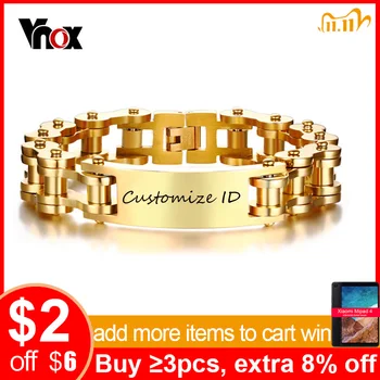

Vnox Free Personalized Engraving Record 12MM ID Bracelet for Men Gold Tone Stainless Steel Bike Chain 9.25" Pulseira Masculina
