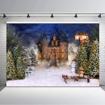 

Winter Snow Ancient Castle Photography Background Green Woodland Snowman Street Light Children Backgrounds for Photo Studio