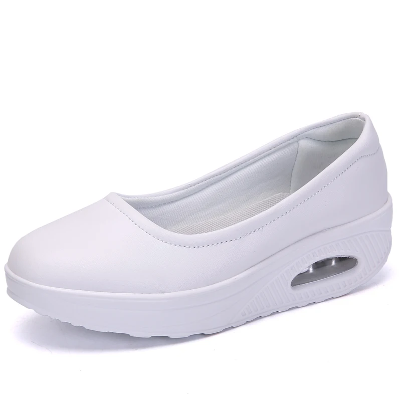 Women Flat Platform Toning Shoes Slip on Ladies Leather Casual Walking Shoes Outdoor Women Wedge Black White Slimming