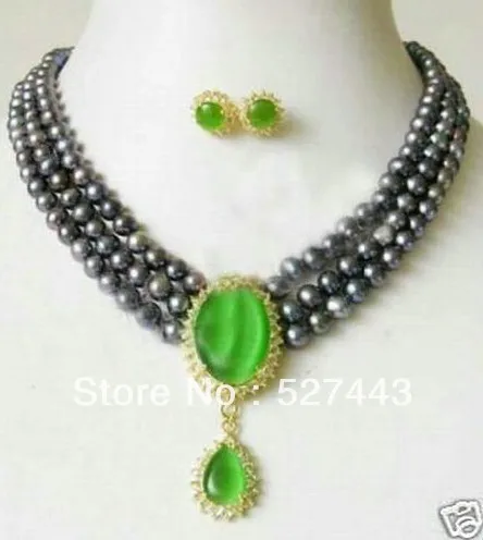 Wholesale 17-19&quot3Rows Black Pearl &amp Green Jade pendant Necklace 7-8mm (A0423) | Украшения и аксессуары