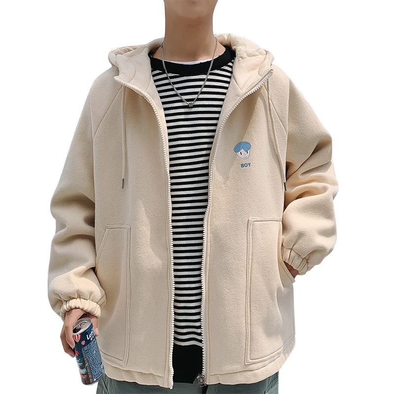 

Khaki Men Zipper Hoodies Casual Jacket Hooded Sweatshirt Pullover Harajuku Cotton Loose Zipper Coats 4 Colors Men Clothes