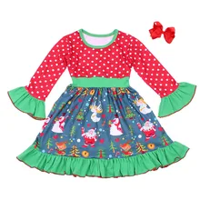 New Christmas Santa Clause Fall/winter Hot Sale Baby Girls Boutique Cartoon Dress Children Clothes Milksilk Match Bow Polka Dot