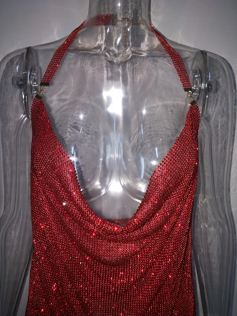 Sparkle Metal Diamond Crystal Party Dress Sexy Backless Halter Red Neck Sequins Christmas Party Club Elegant Dress