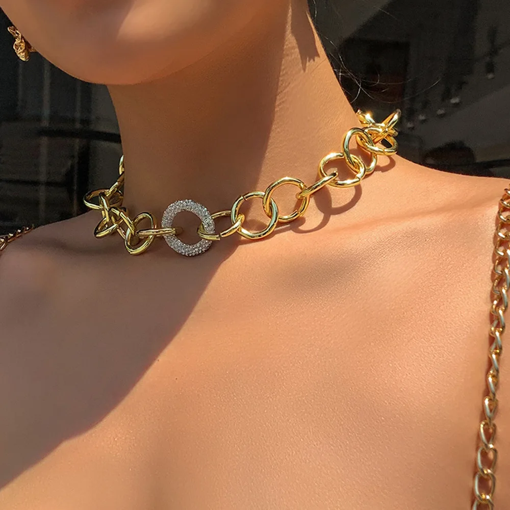 

New 2021 Punk Cuban Link Chain Choker Necklace Pendant Rhinestone Women Collar Statement Gold Color Thick Chain Necklace