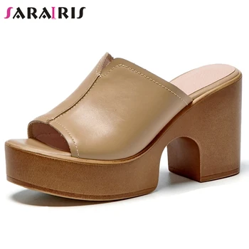 

SaraIris Genuine Leather Platform Mules Women Elegant slip-on Heeled Date Mules Ladies High Block Heels Shoes