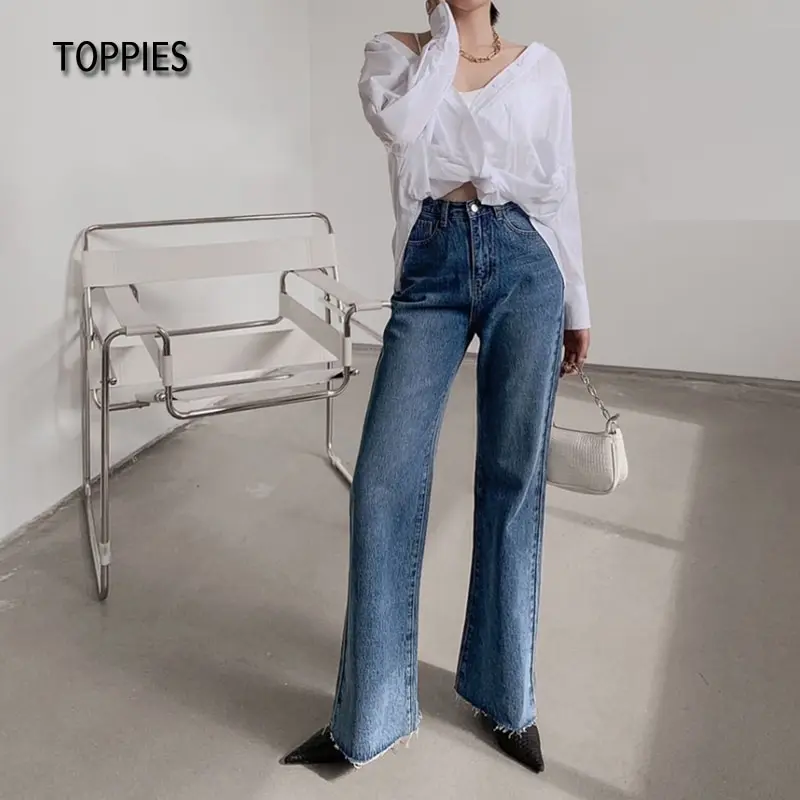 Женские джинсы с высокой талией Toppies рваные брюки из денима широкими штанинами и