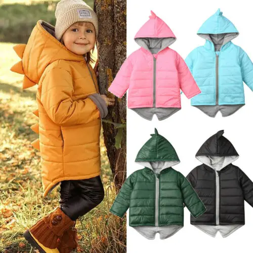  Modis Baby Girls Boys Winter Warm Clothes Padded Down Coat Cute Cartoon Hoodie Dinosaur Jacket Top 