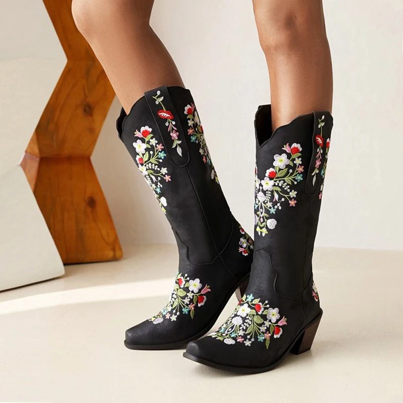 

Designer Brand Luxury Women Shoes 2021 Knee-high Great Quality Riding Boots Plus Size 33-47 Embroider Western Boots 618-1