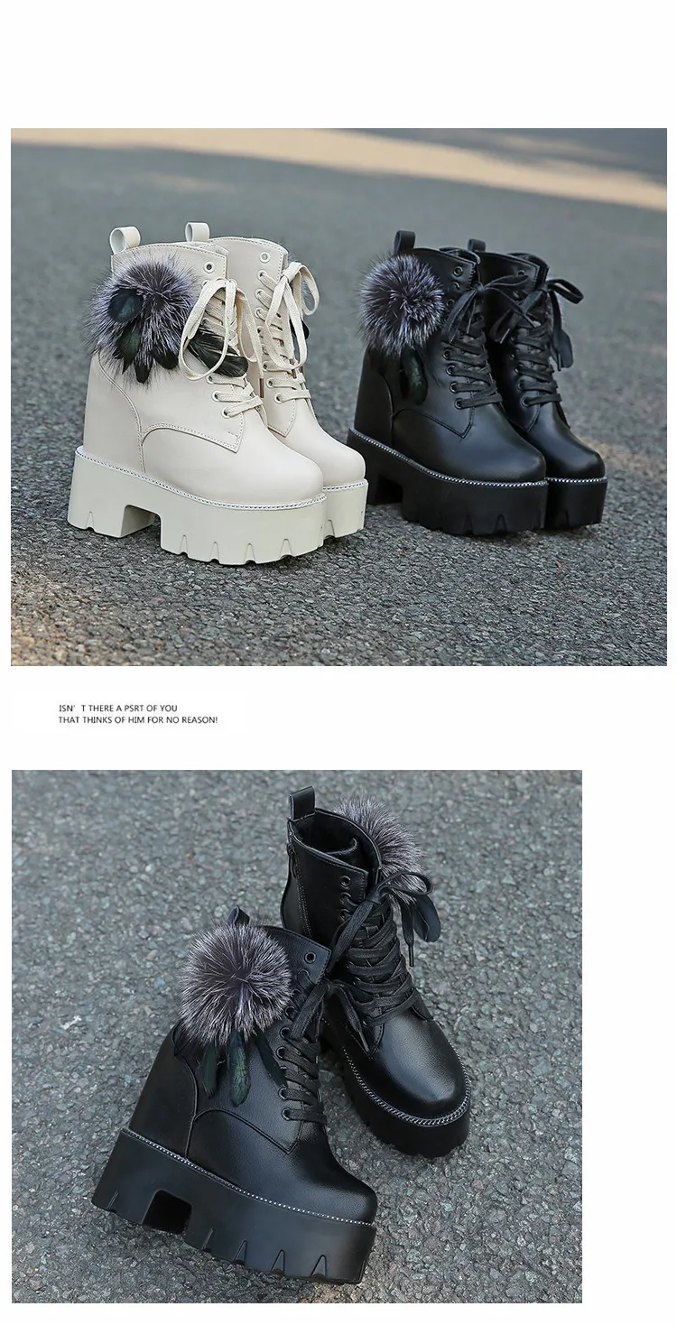 Новые осенние женские ботильоны на платформе г. Зимние теплые полусапожки на меху женская обувь на высоком каблуке 12 см ботинки на шнуровке на толстой танкетке