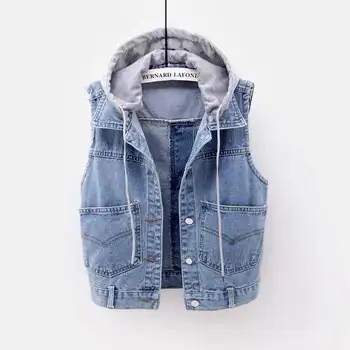 

Women Demin Jacket 2020 Spring New Korean Easy Match Hooded Denim Vest Women Sleeveless Tops