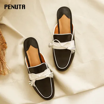 

2020 PENUTA Genuine Leather Mules Shoes Bow Tie Women Tassel Slippers European High Quality Fashion Loafers New Designer T0013