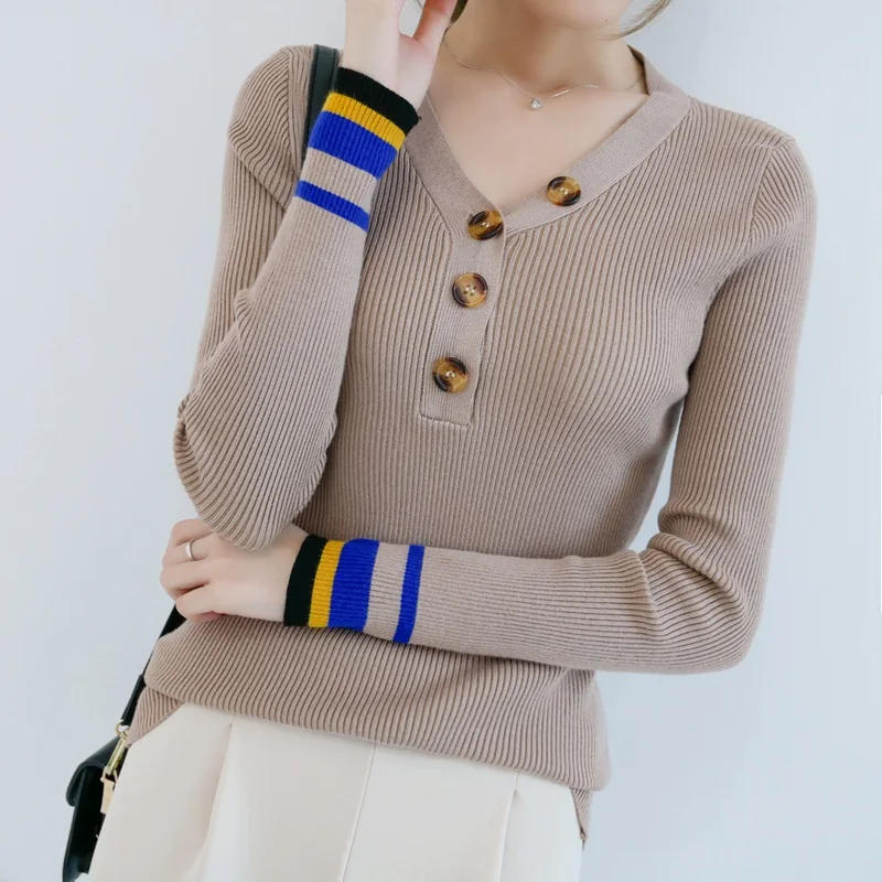 Sweater-0d730 с v-образным вырезом на пуговицах и манжетами новинка 2019 | Женская одежда