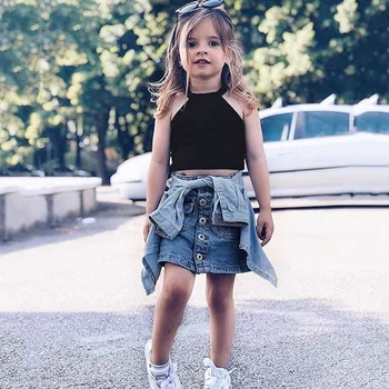 

Girl Clothes Skirt Set Summer Outfits Kids Clothes For Girls Clothing Solid Knit Strap Tops+Denim Skirt Summer Outfits Set