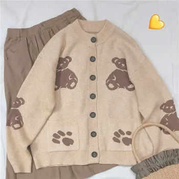 

Spring New Women Small fresh Cute Sweater Cardigan Loose Coat Vintag Casual Bear Jacquard Knitted Jacket College Style Korean