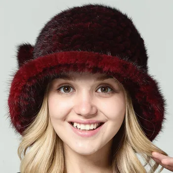 

QiuSiDun 2019 Real Mink Knitting Fur Hat Big Eaves Hats Winter Women Warm Formal Fashion Caps Russian Fur Casual Solid Cap