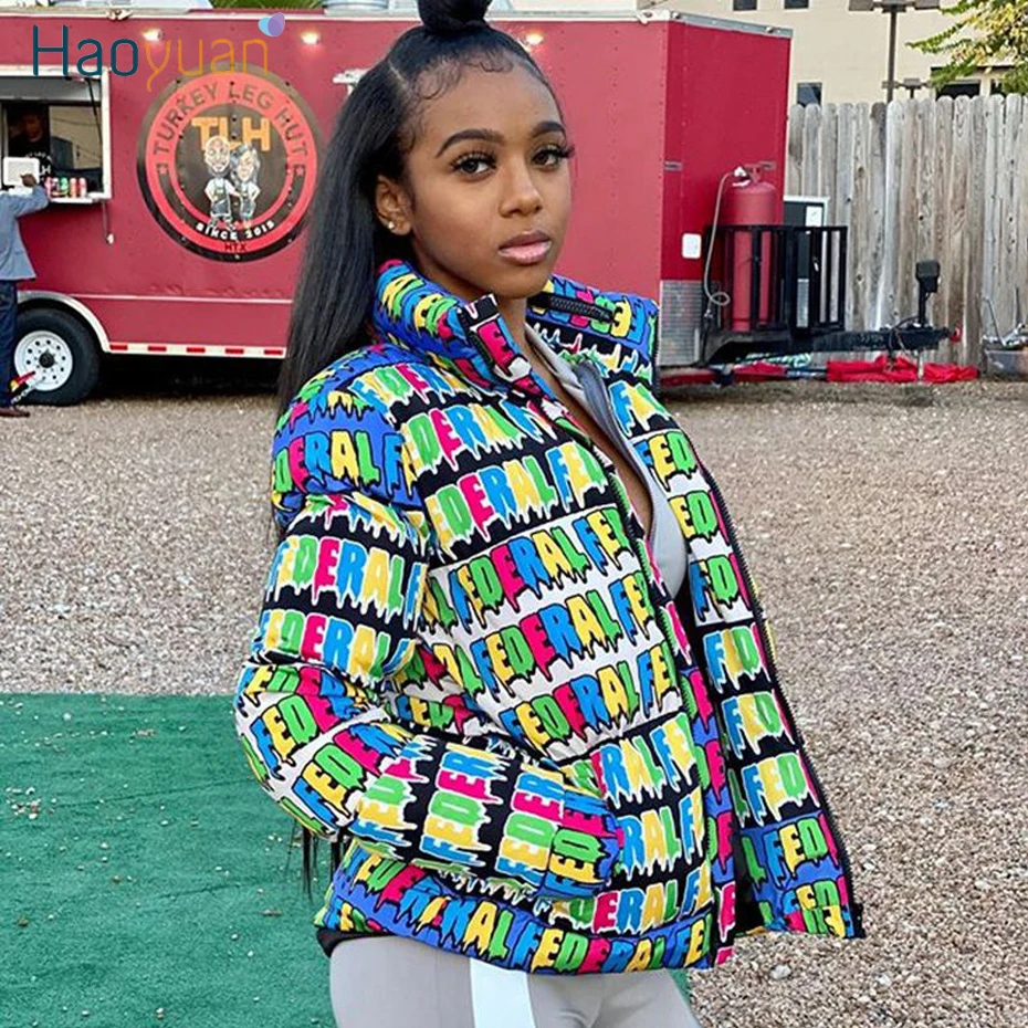 

HAOYUAN Colorful Letter Print Winter Jacket Women Thick Winter Tops Plus Size Bubble Coat Oversized Puffer Jacket Fashion Parkas