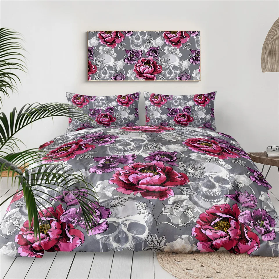 001 BeddingOutlet покрывало с изображением сахарного черепа, Комплект постельного белья с цветочным рисунком, постельное белье с розовым цветком пиона, готическое серое покрывало King, комплект из 3 предметов - Цвет: 001
