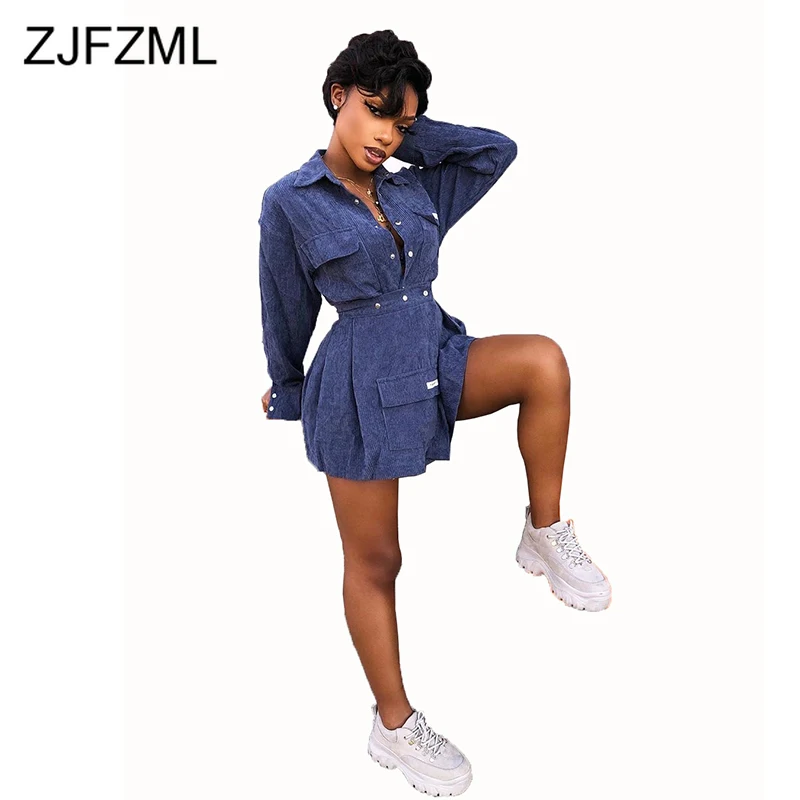 Blue Corduroy 2 Piece Outfit For Women Turn Down Collar Long Sleeve Top And High Waist Short Skirts Matching Set Two Suit |