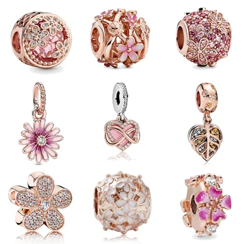

Newst European Beads Pink Daisy Flower Dangle Charm Rose Gold Color Fit Original Charms Bracelet Necklace Jewelry