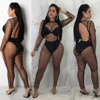 

Sexy See through Jumpsuit Women Fishnet Sheer Long Sleeve Jumpsuits Rompers Bandage Evening Party Playsuit Ladies Clubwear