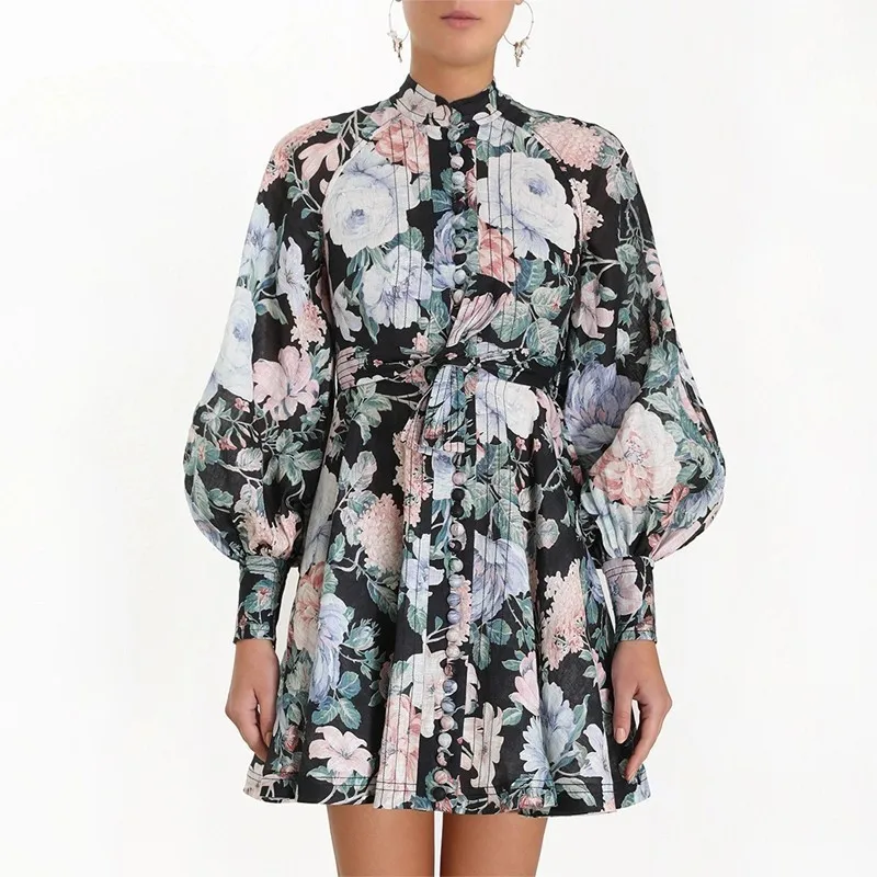 

2019 Autumn Women Dresses Floral Print Vintage Mini Dress ZIM Sash Waisted Long Lantern Sleeve Elegant Female Fashion