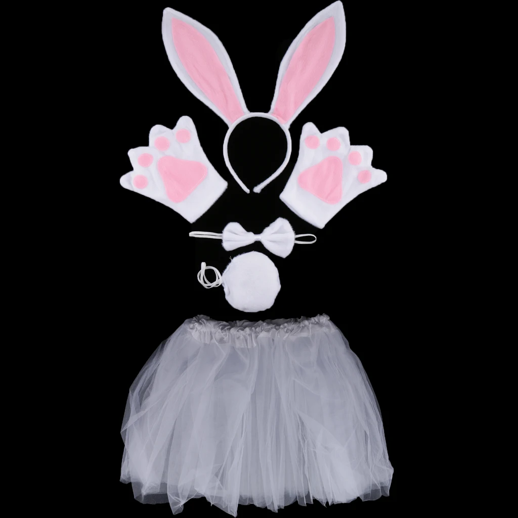 Easter Girls Women Birthday Pink White Rabbit Costume Set Ear Headband TUTU Skirt Bowtie Gloves Tail Fancy Dress Outfit