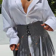 Блестящая юбка с бахромой и металлическими блестками Женская облегающая открытая Клубная мини-юбка со стразами на шнуровке