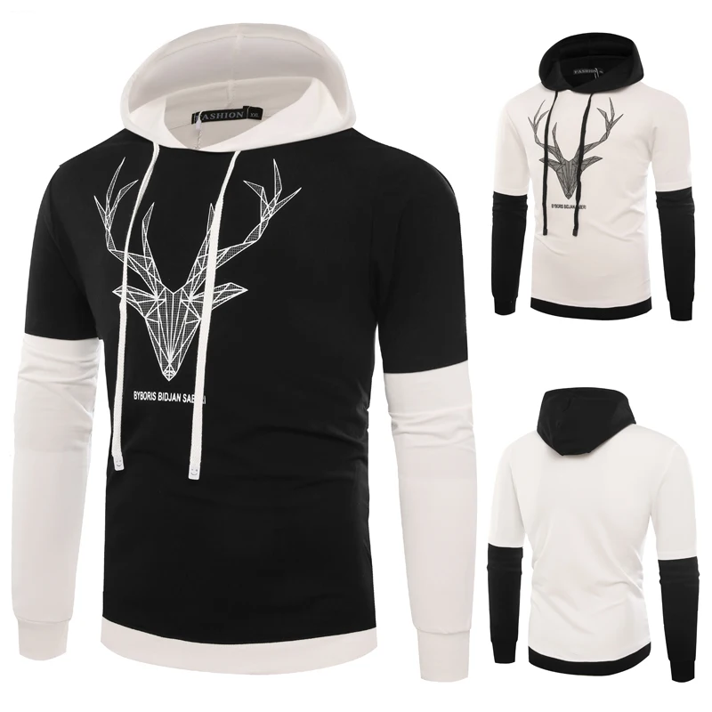 

Hollow figure 2021 new Shanshen printing foreign trade men's hooded long-sleeved stitching T-shirt men's thin sweater men