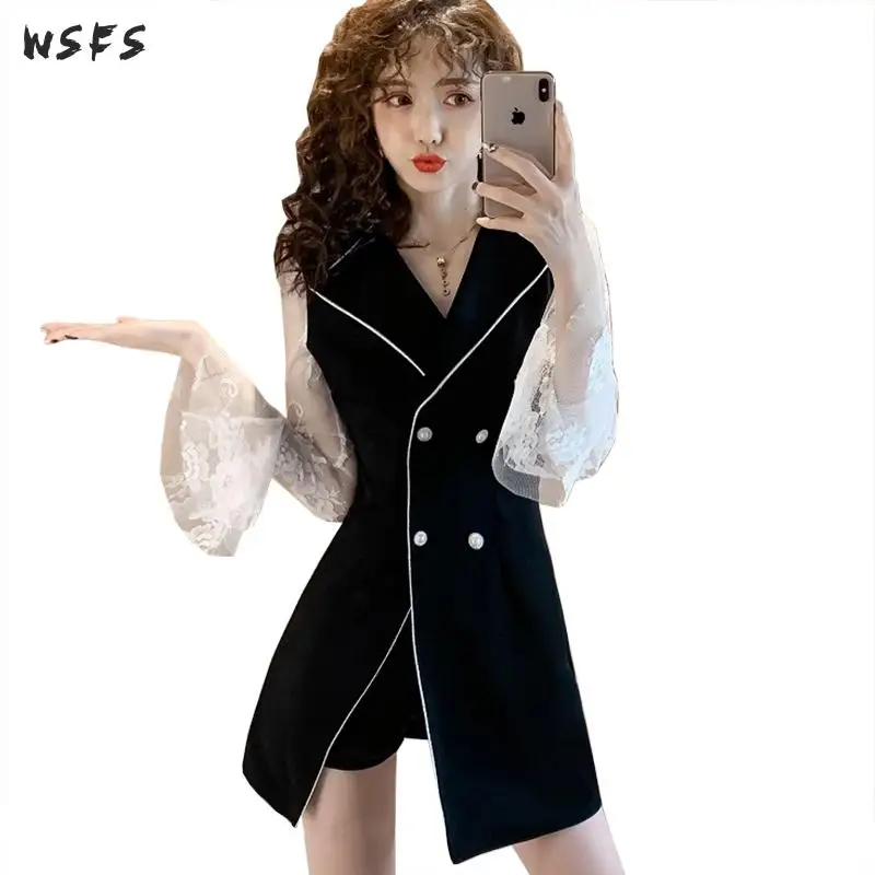 

2 Piece Set Autumn Women Dress Lace Flare Sleeve Suit Tops Vintage Party Sexy Black Shorts Bodycon Bandage Clothes Matching Sets