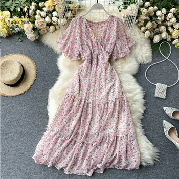 

YuooMuoo Romantic Flower Print Pink Chiffon Dress 2020 New Chic High Waist Holiday Long Dress Big Swing Bohemian Beach Dress
