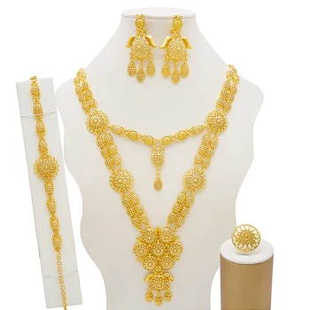 

High Quality Dubai Gold Color Jewelry Set For Women African Beads Jewlery Fashion Necklace Sets Hanging Earring Jewellery