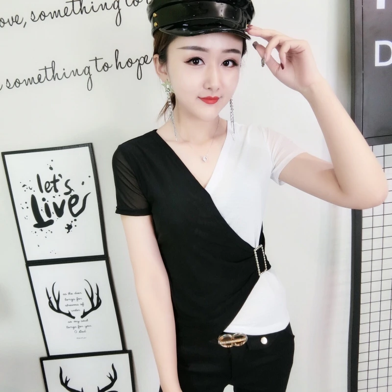 Модная Корейская футболка в алмазах с открытыми плечами, новая летняя женская уличная одежда, Облегающая рубашка, Camiseta Mujer T95402L - Цвет: White tshirt