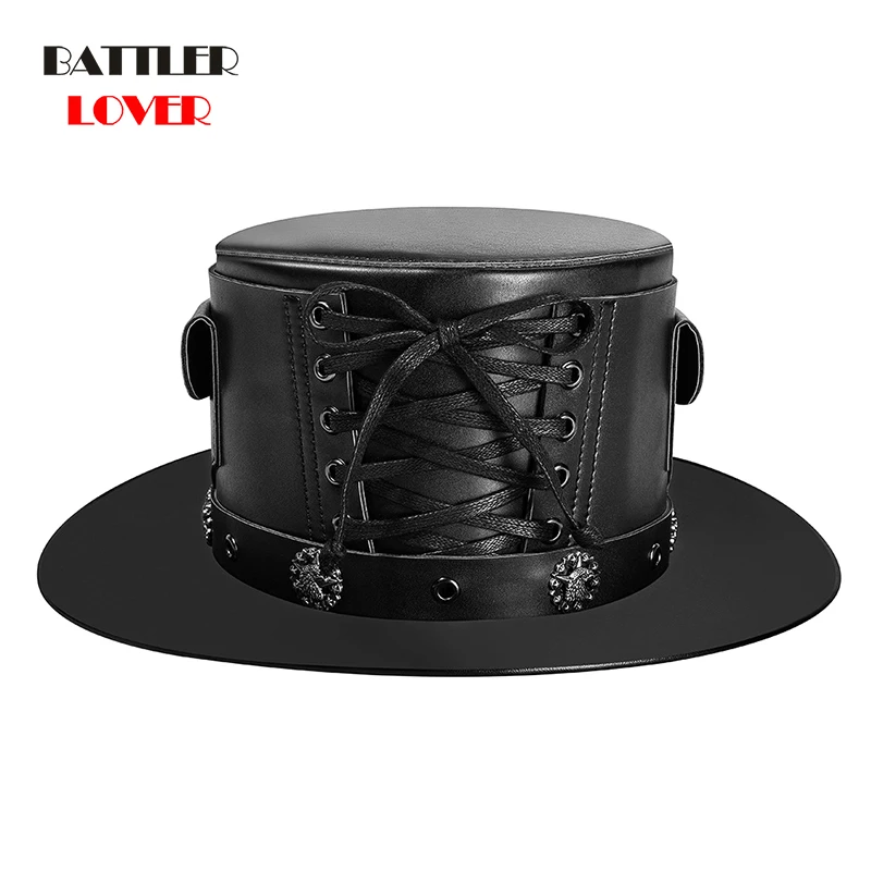 Steampunk Cap Leather Tether Top Hat Victorian Male Millinery Traditional Magician Caps Gear Gothic Party Cosplay Hat Accessory