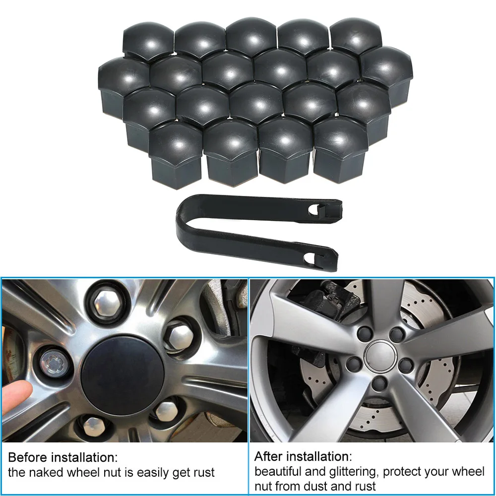 19mm Black ReFaXi 20Pcs Car Wheel Nut Bolt Center Cover Caps Hexagonal Protectors with Removal Tool Black Clip 
