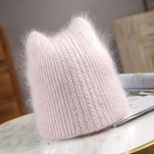 

New Winter Warm lovely Knitted Hats for Women Casual Soft Warm Angola Rabbit Fur Beanie hats for glris lady 2022 winter warmth