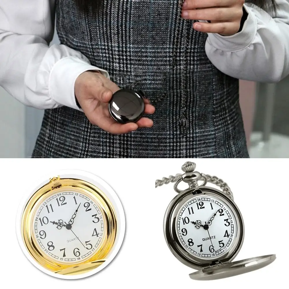 

Retro Vintage Men Steampunk Smooth Surface Pendant Chain Classic Pocket Watch Gift Silver Golden Polish Quartz Watch Medallion