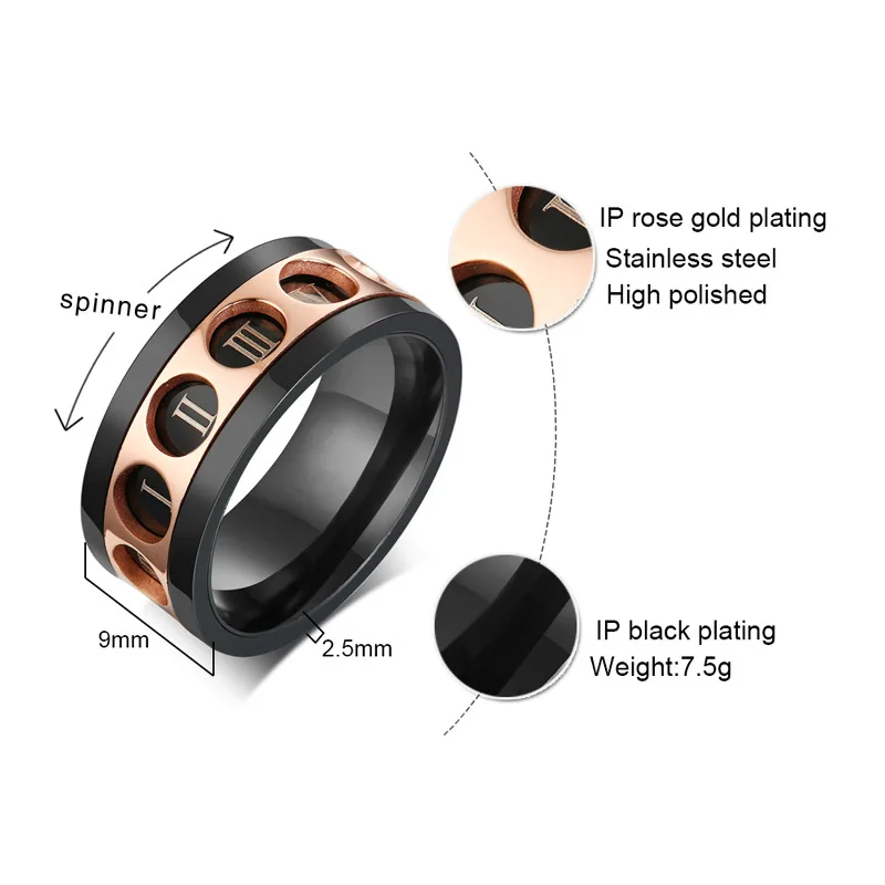 Woozu 9 мм Нержавеющая сталь римскими цифрами Spinner кольцо для Для мужчин синий
