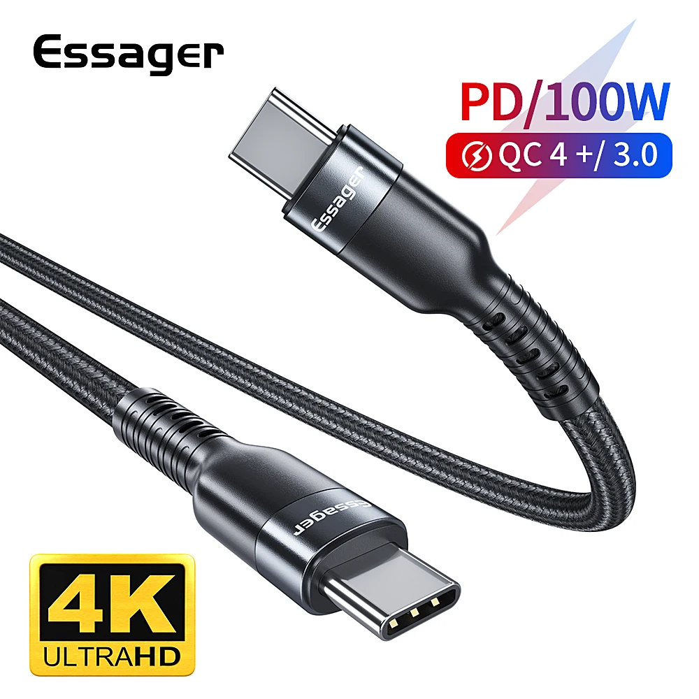 Кабель Essager type-C-USB C USB 3,1 Quick Charge 4,0 3,0 кабель для Macbook Pro Xiaomi Redmi Note 8 PD 100 Вт Кабель для быстрой зарядки