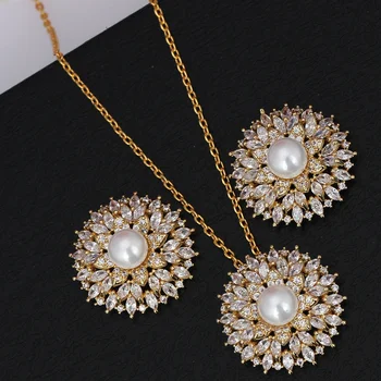 

Bride Talk 2 PCS Bridal Circular Pendant Jewelry Set Cubic Zircon Water Drop Pearl Necklace Stud Earrings Set For Women Party