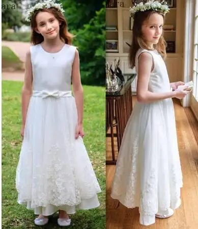 

Cheap Satin A-Line Princess Dress with Lace Appliques Bow Zipper Back Custom Made Flower Girl Dress For Special Occasion Longo