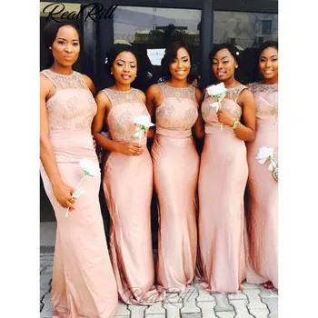 

Real Rill Illusion Bateau Neck Bridesmaid Dresses Chiffon Floor Length Mermaid Lace Up Back Wedding Party Dress