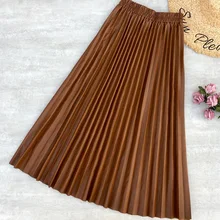 Женские макси юбки из искусственной кожи, юбка с растягивающейся талией, Офисная Женская длинная Плиссированная юбка из мягкой кожи
