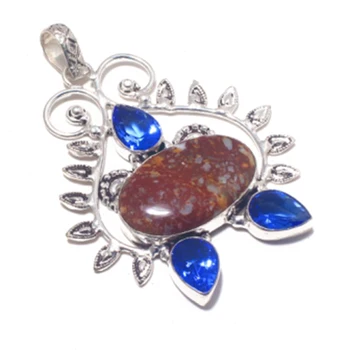 

Genuine Jasper + Blue Topaz Pendant Silver Overlay over Copper, Hand made Women Jewelry gift